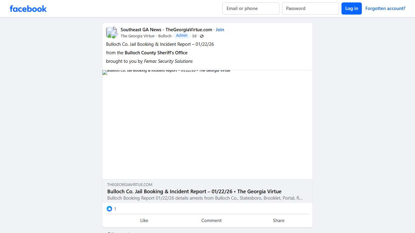 Southeast GA News - TheGeorgiaVirtue.com Bulloch Co. Jail Booking & Incident Report – 01/22/26 Facebook