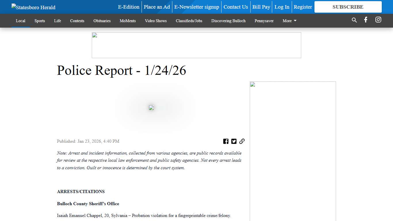 Police Report - 1/24/26 - Statesboro Herald